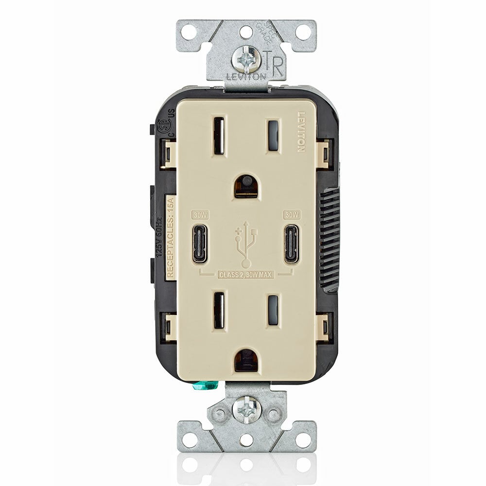 T5635-I Combination Grounding Tamper-Resistant Duplex Receptacle and USB Charger, 125 V AC, 15 A, Ivory
