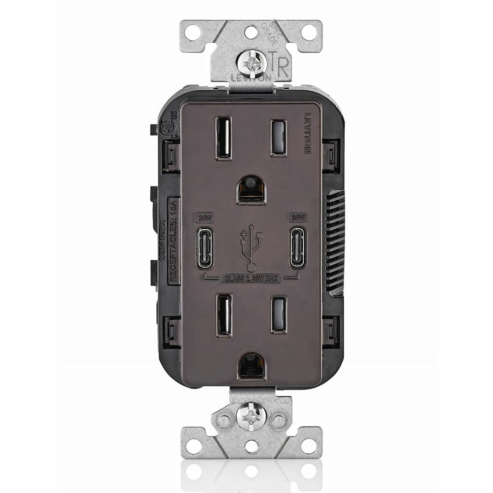 T5635-B Combination Grounding Tamper-Resistant Duplex Receptacle and USB Charger, 125 V AC, 15 A, Brown