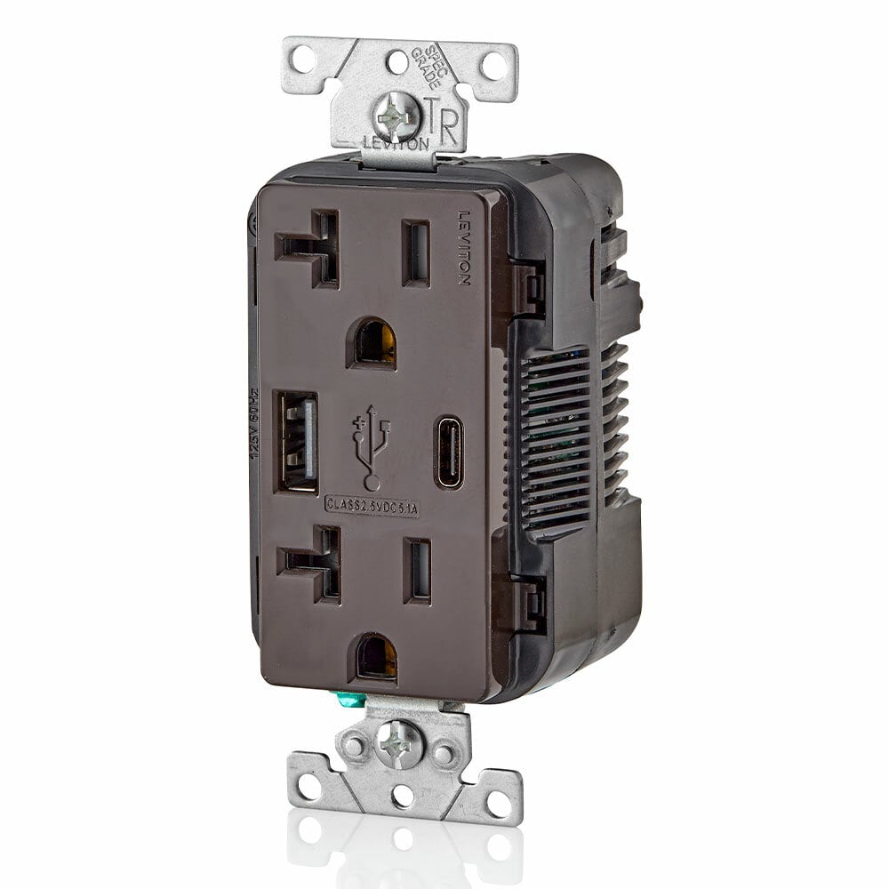 T5833-B Combination Grounding Tamper-Resistant Duplex Receptacle and USB Charger, 125 V AC, 20 A, Brown