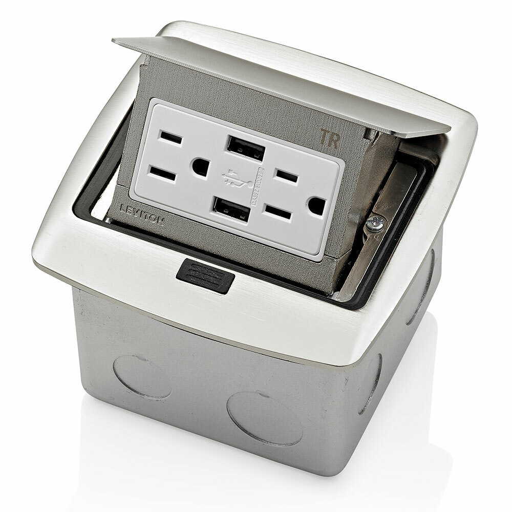 PFUS1-BN Pop-Up Floor Box With 125 VAC, 15 A Combination Duplex Receptacle and USB Charger, Steel