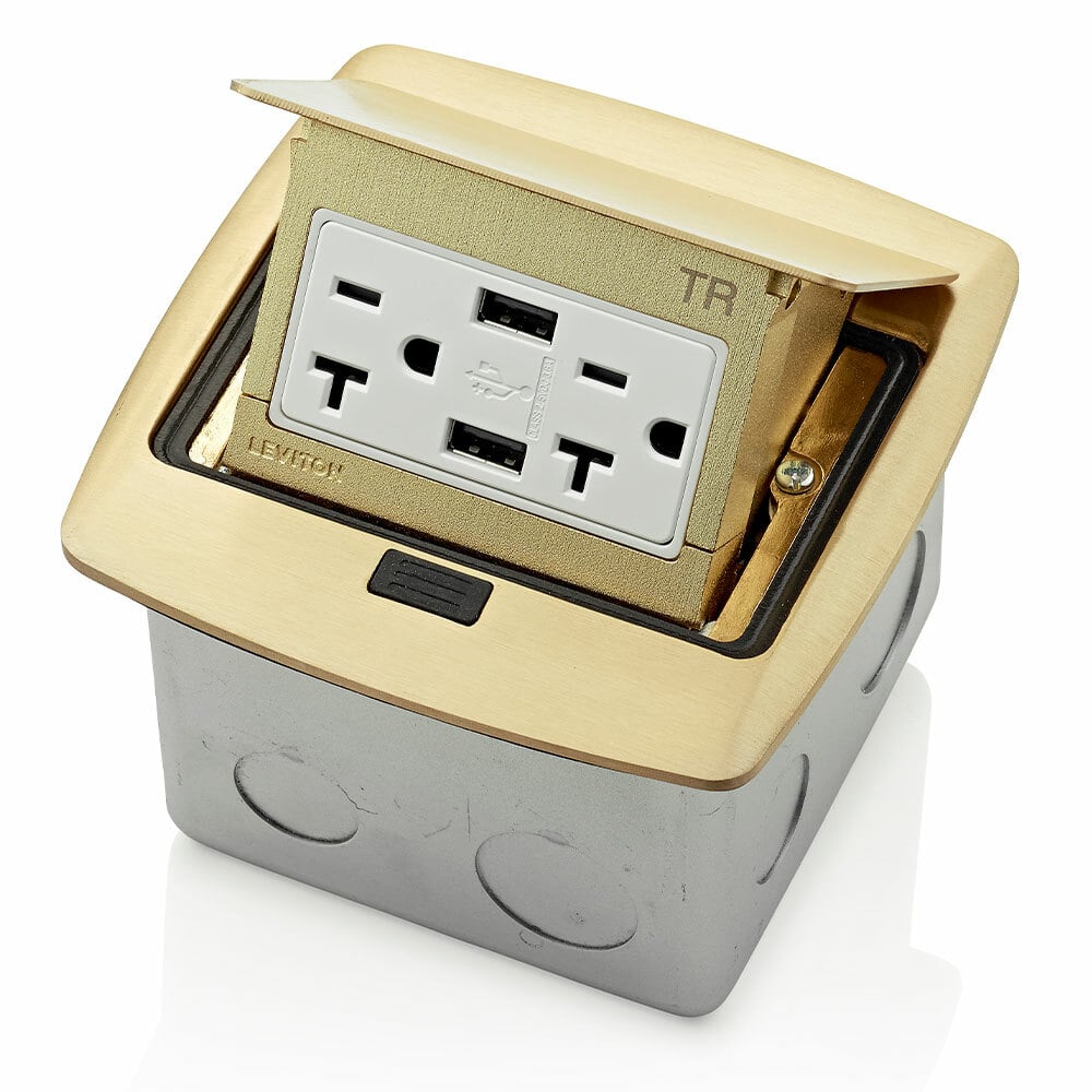 PFUS2-BR Pop-Up Floor Box With 125 VAC, 15 A Combination Duplex Receptacle and USB Charger, Steel