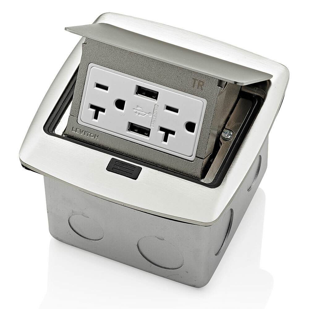 PFUS2-BN Pop-Up Floor Box With 125 VAC, 15 A Combination Duplex Receptacle and USB Charger, Steel
