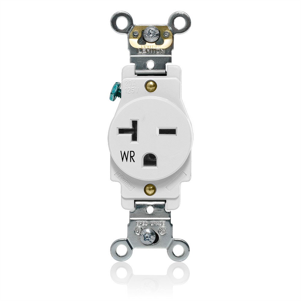 W5461-W W5461 Heavy Duty Self-Grounding Single Smooth Face Standard Straight Blade Receptacle, 250 V AC, 20 A, 2 Poles, 3 Wires, White