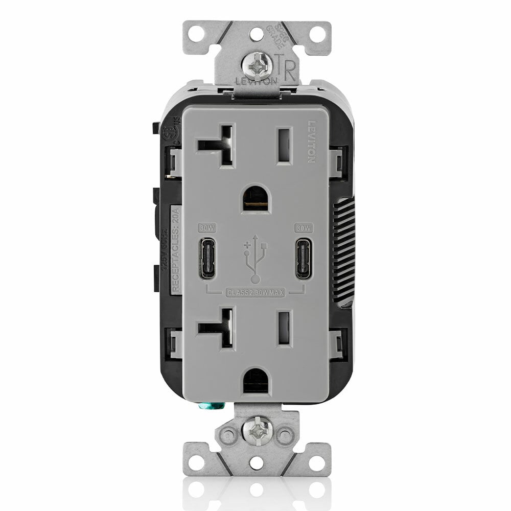 T5835-G Decora Plus Combination Grounding Tamper-Resistant Duplex Receptacle and USB Charger, 125 V AC, 20 A, Gray