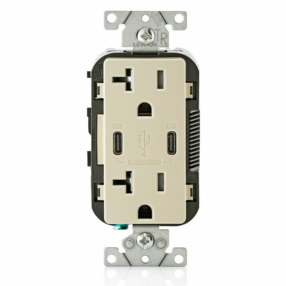 T5835-I Decora Plus Combination Grounding Tamper-Resistant Duplex Receptacle and USB Charger, 125 V AC, 20 A, Ivory