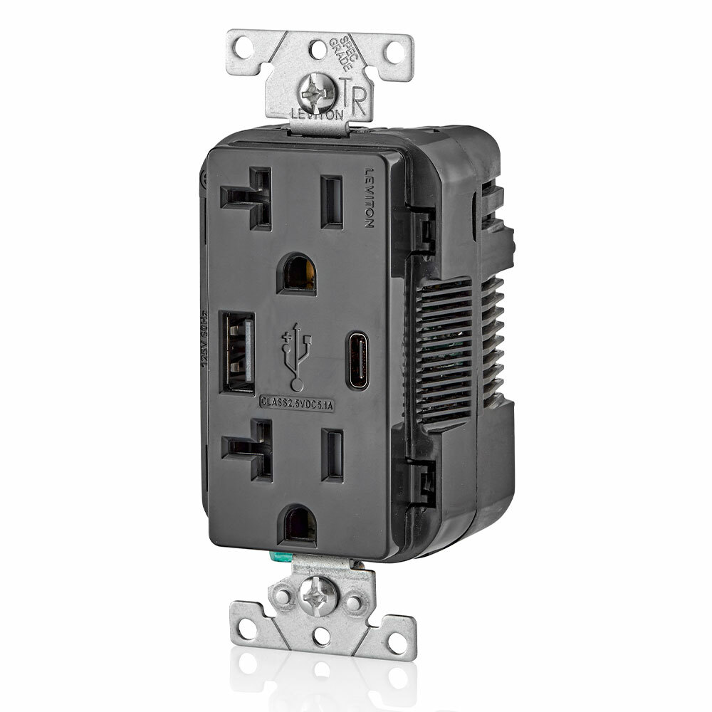 T5833-E Combination Grounding Tamper-Resistant Duplex Receptacle and USB Charger, 125 V AC, 20 A, Black