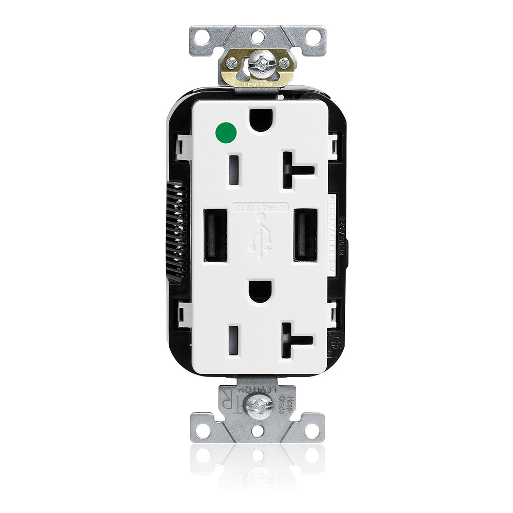 M58AA-HGW Decora Plus Lev-Lok Combination Extra Heavy Duty Self-Grounding Smooth Face Tamper-Resistant Duplex Receptacle and USB Charger, 125 V AC, 20 A, 2 Poles, 3 Wires, White