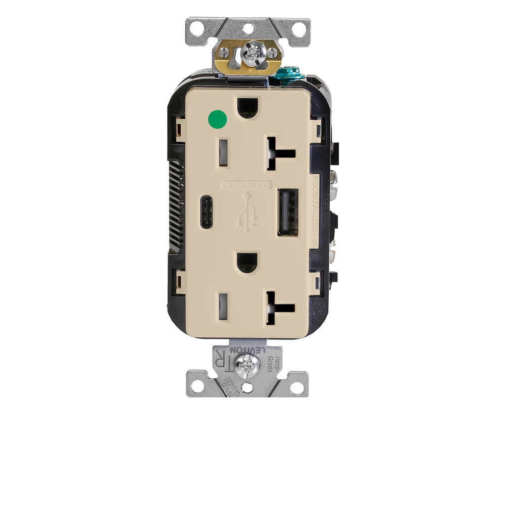 T5833-HGI Decora Plus Combination Heavy Duty Self-Grounding Smooth Face Tamper-Resistant Duplex Receptacle and USB Charger, 125 V AC, 20 A, 2 Poles, 3 Wires, Ivory