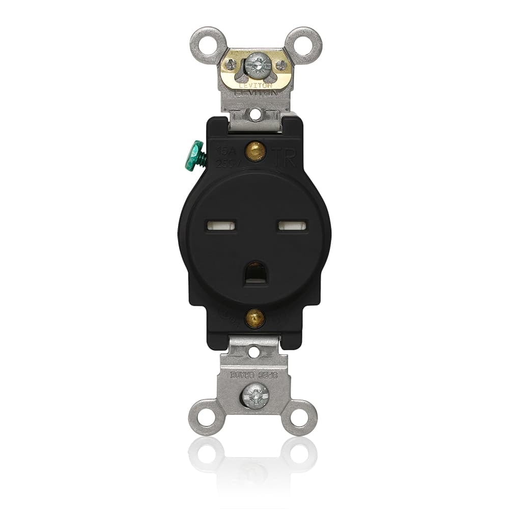 T5661-E T5661 Heavy Duty Self-Grounding Single Smooth Face Standard Straight Blade Receptacle, 250 V AC, 15 A, 2 Poles, 3 Wires, Black