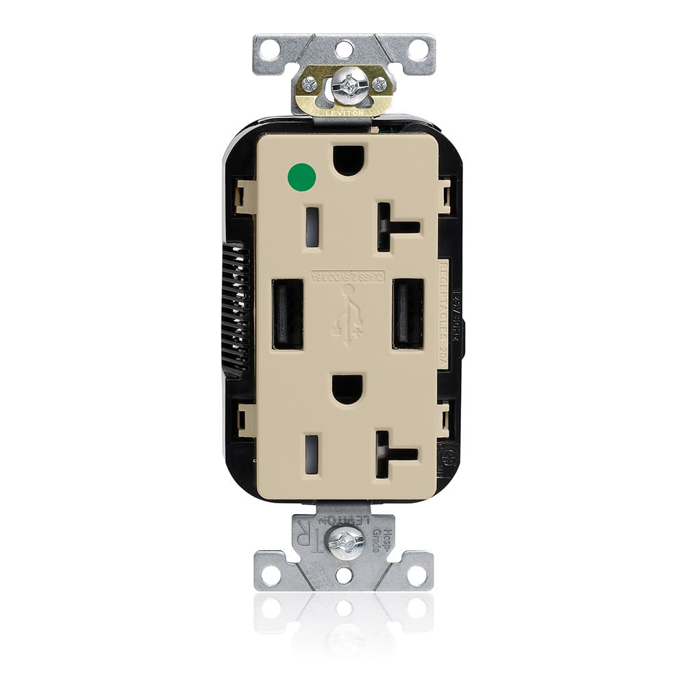 M58AA-HGI Decora Plus Lev-Lok Combination Extra Heavy Duty Self-Grounding Smooth Face Tamper-Resistant Duplex Receptacle and USB Charger, 125 V AC, 20 A, 2 Poles, 3 Wires, Ivory
