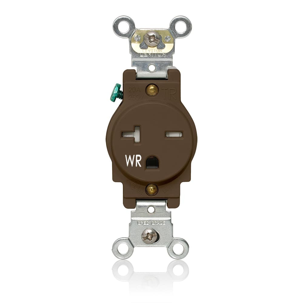 W5461-T00 W5461-T Heavy Duty Self-Grounding Single Smooth Face Standard Straight Blade Receptacle, 250 V AC, 20 A, 2 Poles, 3 Wires, Brown