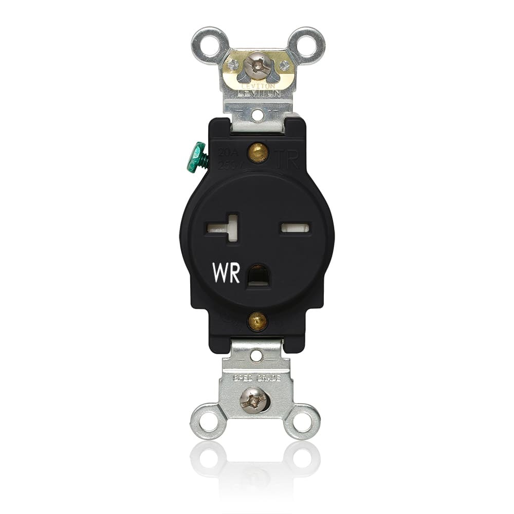 W5461-T0E W5461-T Heavy Duty Self-Grounding Single Smooth Face Standard Straight Blade Receptacle, 250 V AC, 20 A, 2 Poles, 3 Wires, Black