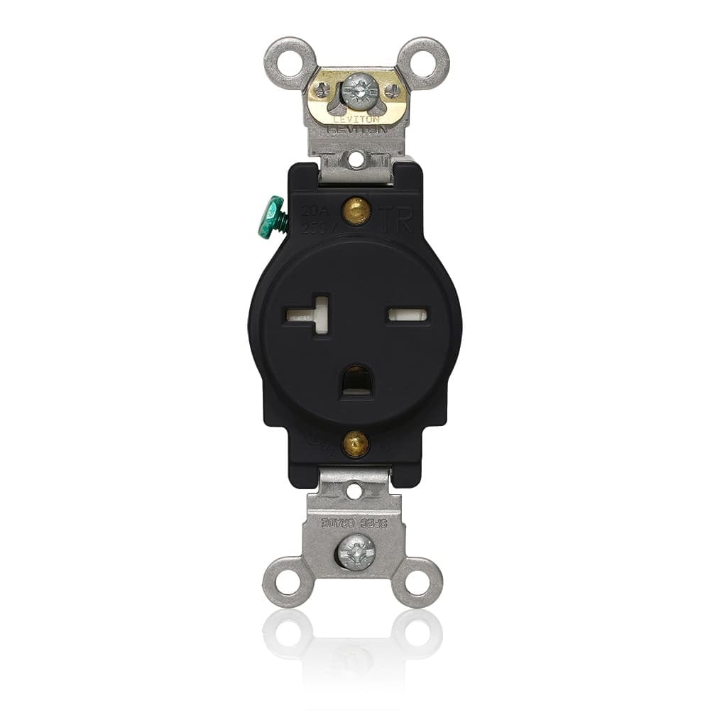 T5461-E T5461 Heavy Duty Self-Grounding Single Smooth Face Standard Straight Blade Receptacle, 250 V AC, 20 A, 2 Poles, 3 Wires, Black