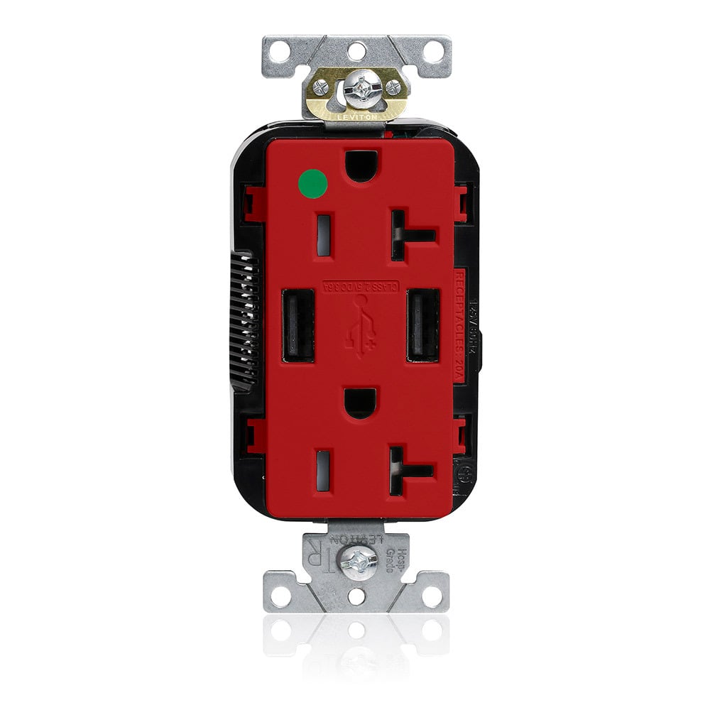 M58AA-HGR Decora Plus Lev-Lok Combination Extra Heavy Duty Self-Grounding Smooth Face Tamper-Resistant Duplex Receptacle and USB Charger, 125 V AC, 20 A, 2 Poles, 3 Wires, Red