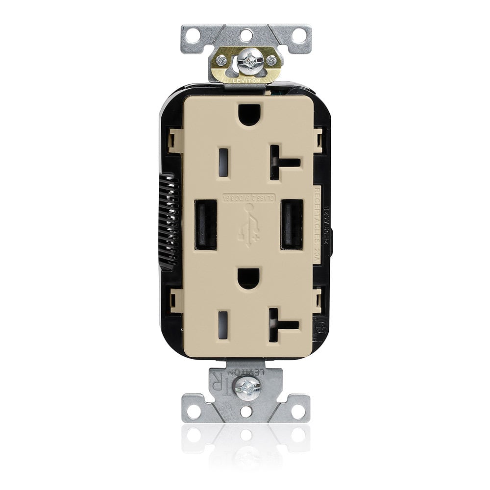 M58AA-I Decora Plus Lev-Lok Combination Heavy Duty Self-Grounding Smooth Face Tamper-Resistant Duplex Receptacle and USB Charger, 125 V AC, 20 A, 2 Poles, 3 Wires, Ivory