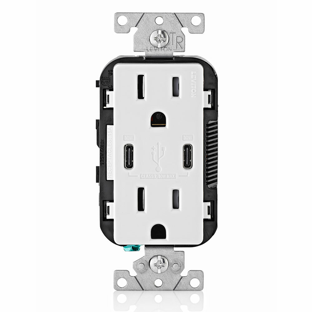 T5635-W Combination Grounding Tamper-Resistant Duplex Receptacle and USB Charger, 125 V AC, 15 A, White