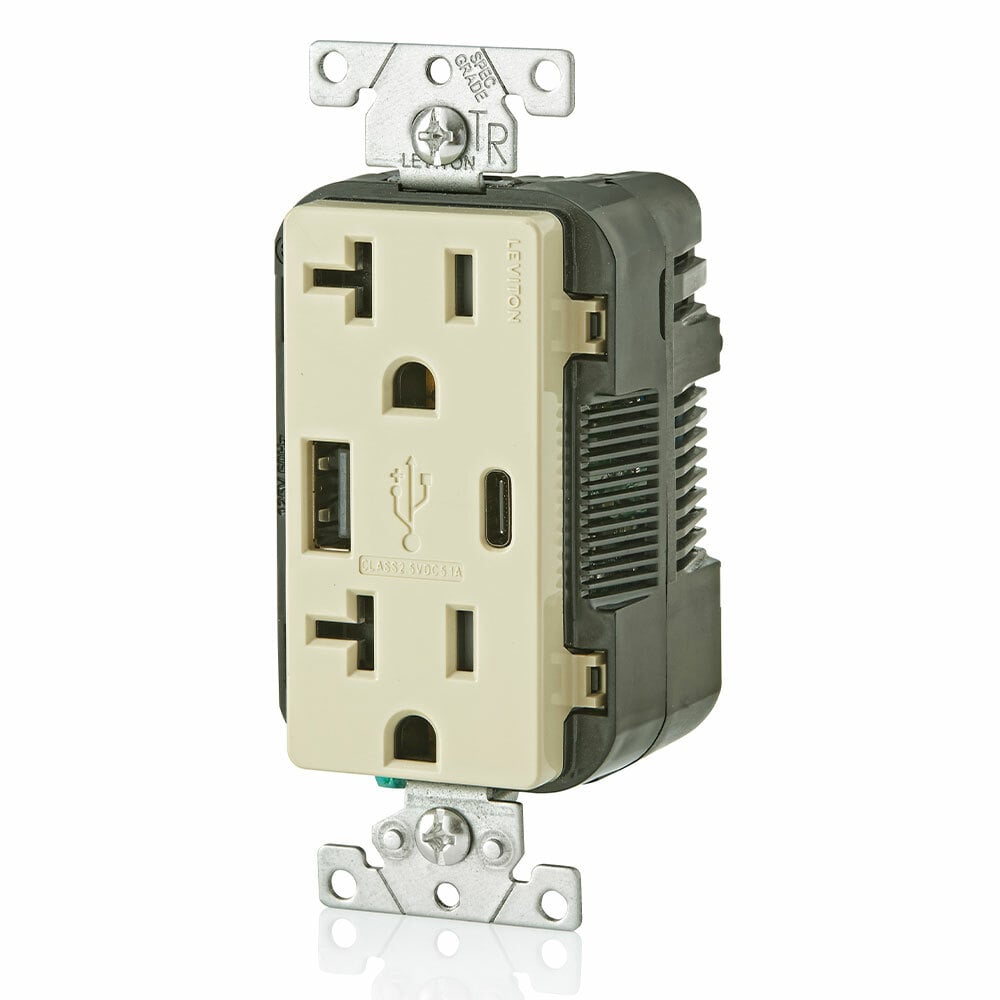 T5833-I Combination Grounding Tamper-Resistant Duplex Receptacle and USB Charger, 125 V AC, 20 A, Ivory