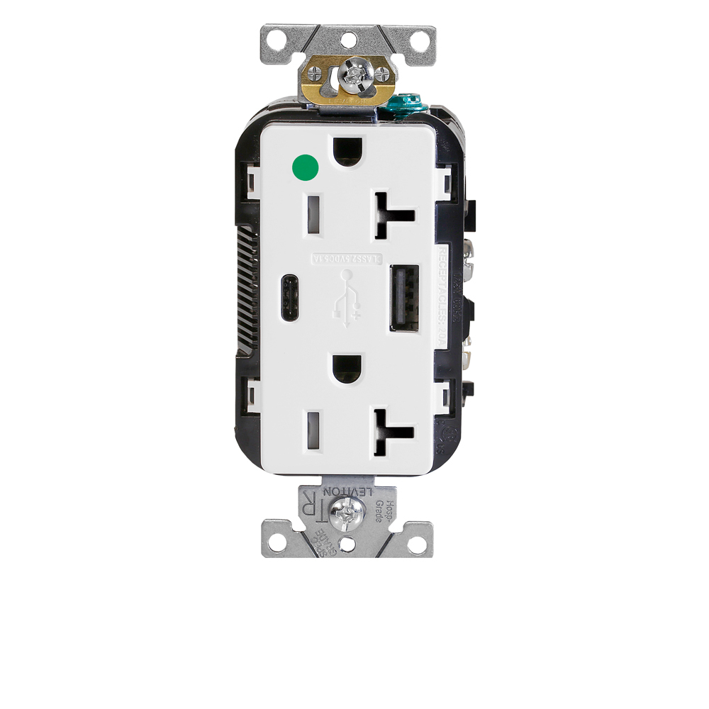 T5833-HGW Decora Plus Combination Heavy Duty Self-Grounding Smooth Face Tamper-Resistant Duplex Receptacle and USB Charger, 125 V AC, 20 A, 2 Poles, 3 Wires, White