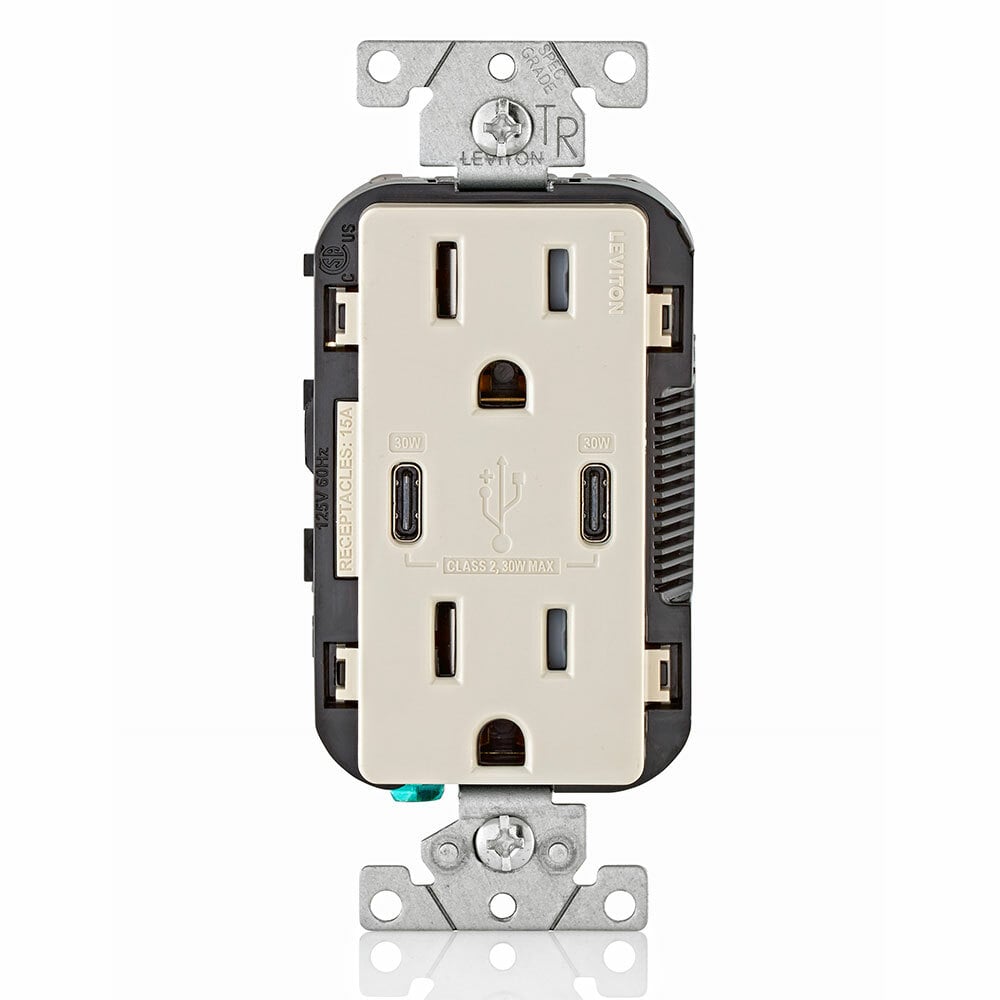 T5635-T Combination Grounding Tamper-Resistant Duplex Receptacle and USB Charger, 125 V AC, 15 A, Light Almond