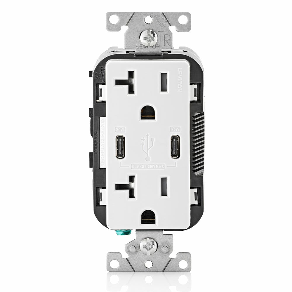 T5835-W Decora Plus Combination Grounding Tamper-Resistant Duplex Receptacle and USB Charger, 125 V AC, 20 A, White