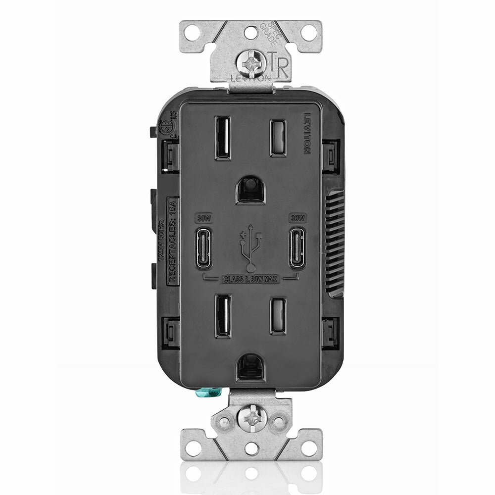T5635-E Combination Grounding Tamper-Resistant Duplex Receptacle and USB Charger, 125 V AC, 15 A, Black