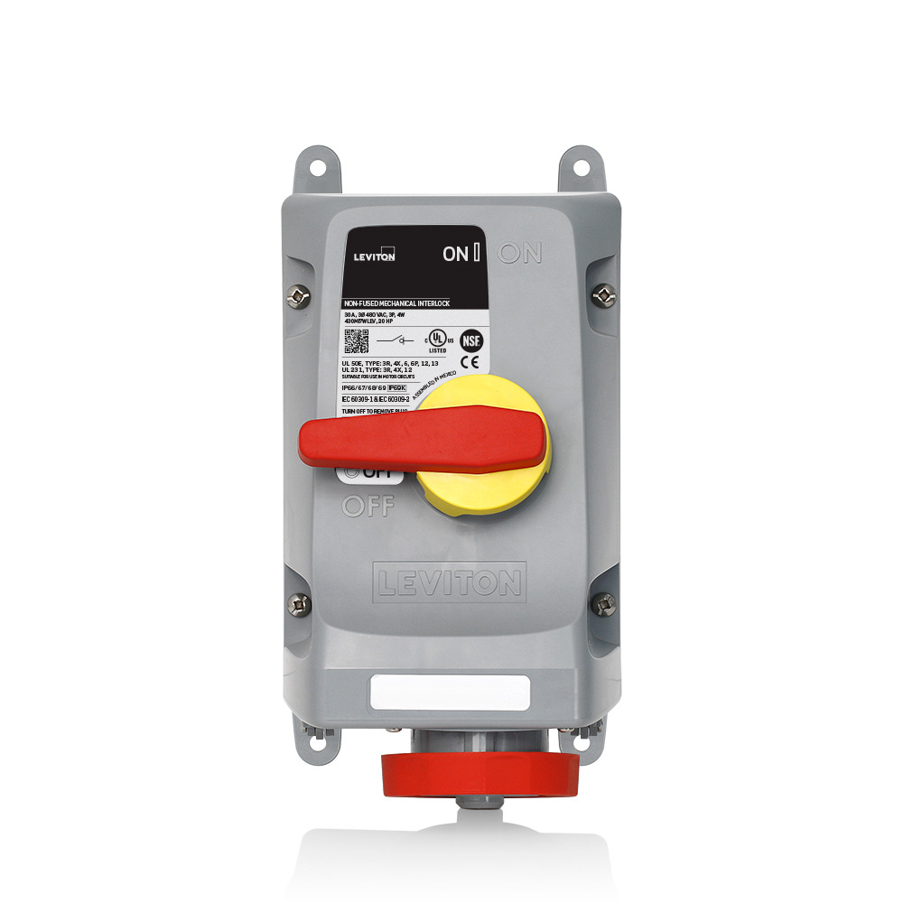 430MI7WLEV Non-Fused Watertight Pin and Sleeve Mechanical Interlock, 480 V AC, 30 A, 3 Poles, 4 Wires