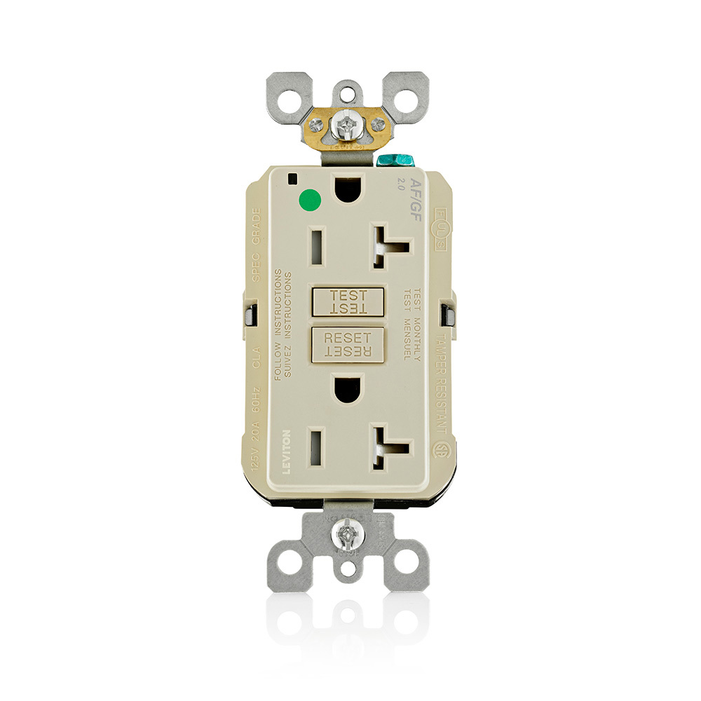 AGTR2-HGI SmartlockPro Dual Function Feed-Through Self-Test Tamper-Resistant AFCI/GFCI Receptacle With Test and Reset Button, 125 V AC, 20 A, 2 Poles, 3 Wires, Ivory