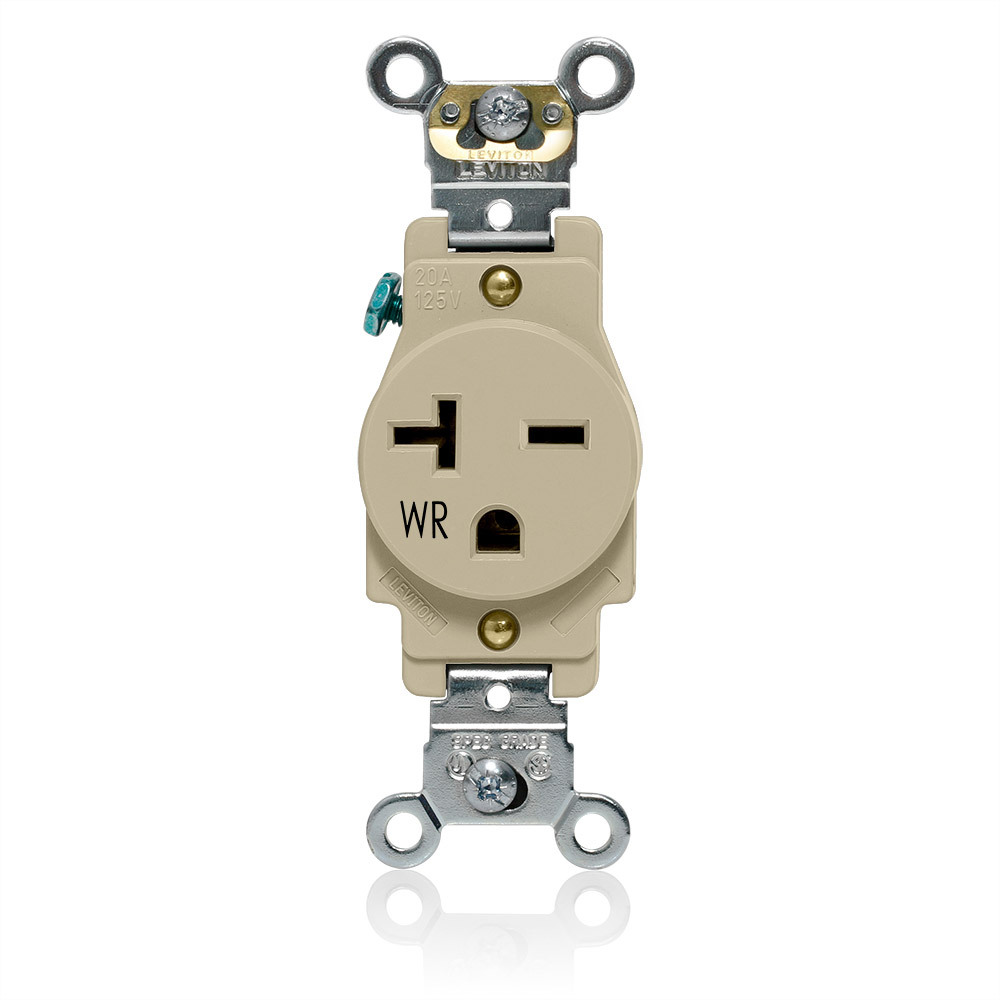 W5461-I Heavy Duty Single Self-Grounding Smooth Face Weather-Resistant Receptacle Outlet, 250 V AC, 20 A, 2 Poles, 3 Wires, Ivory