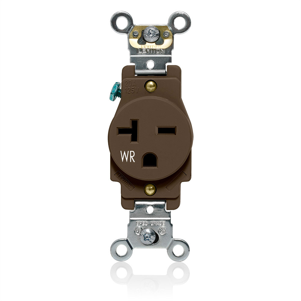 W5461 Heavy Duty Single Self-Grounding Smooth Face Weather-Resistant Receptacle Outlet, 250 V AC, 20 A, 2 Poles, 3 Wires, Brown