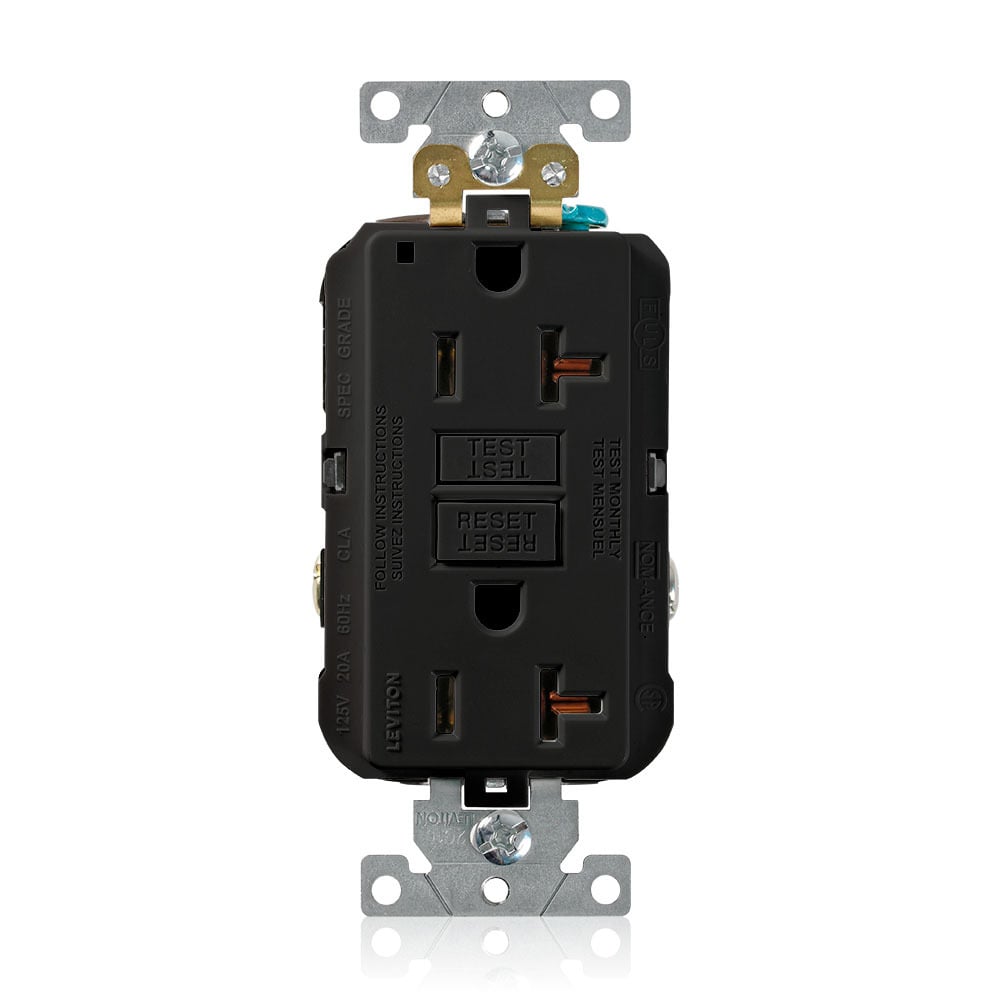 G5362-E SmartlockPro Duplex Extra Heavy Duty Self-Test Self-Grounding Non-Tamper-Resistant GFCI Receptacle, 125 V AC, 20 A, 2 Poles, 3 Wires, Black