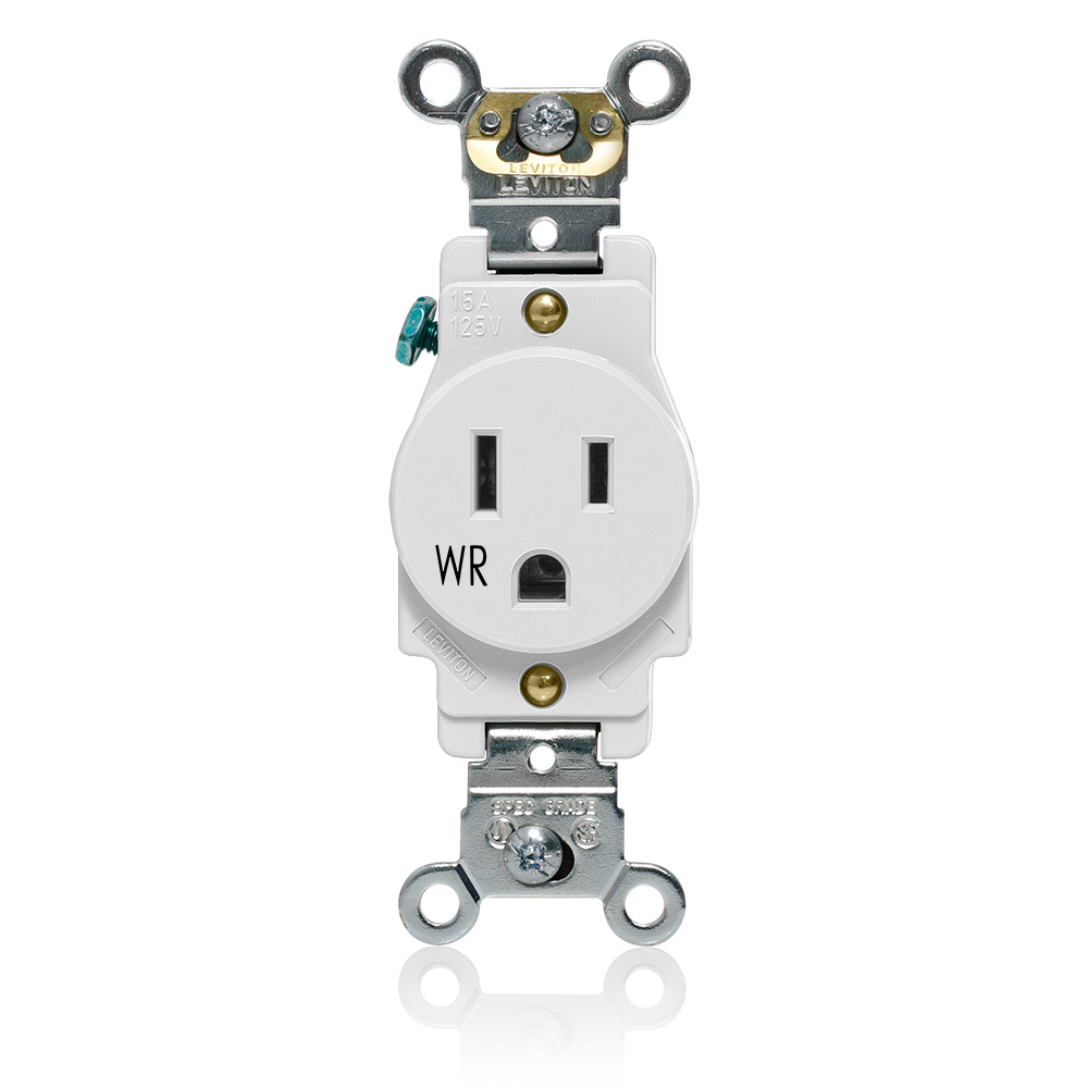 W5261-W Heavy Duty Single Self-Grounding Smooth Face Weather-Resistant Receptacle Outlet, 125 V AC, 15 A, 2 Poles, 3 Wires, White