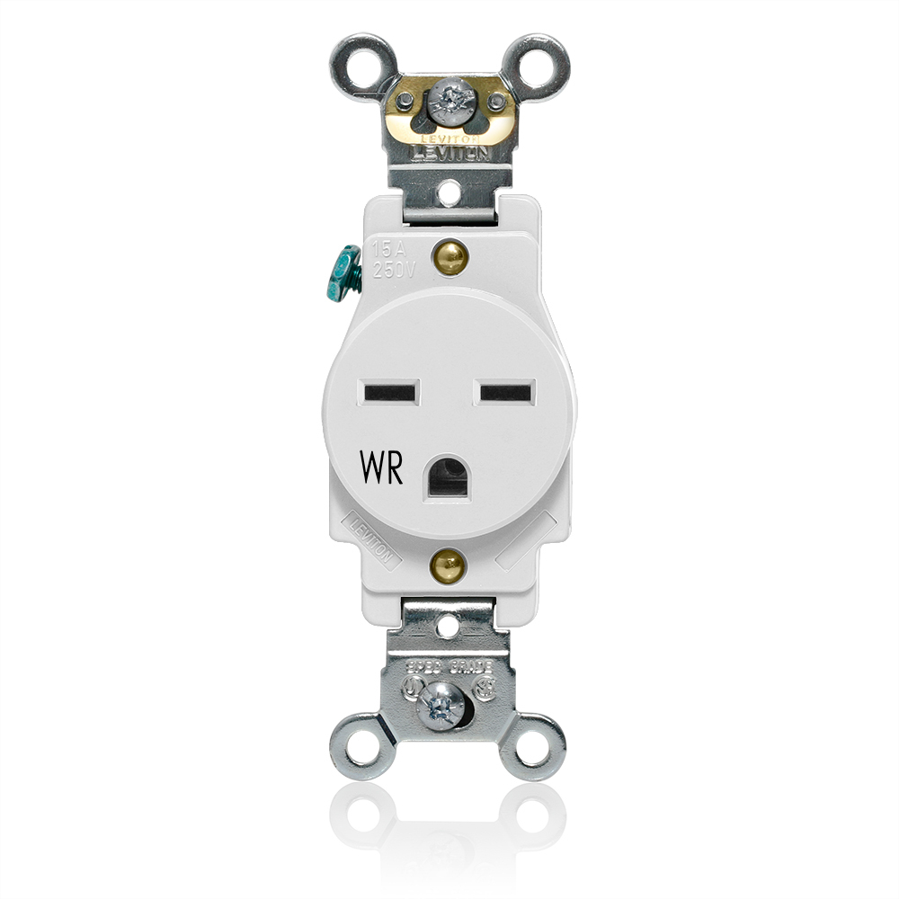 W5661-W Heavy Duty Single Self-Grounding Smooth Face Weather-Resistant Receptacle Outlet, 250 V AC, 15 A, 2 Poles, 3 Wires, White