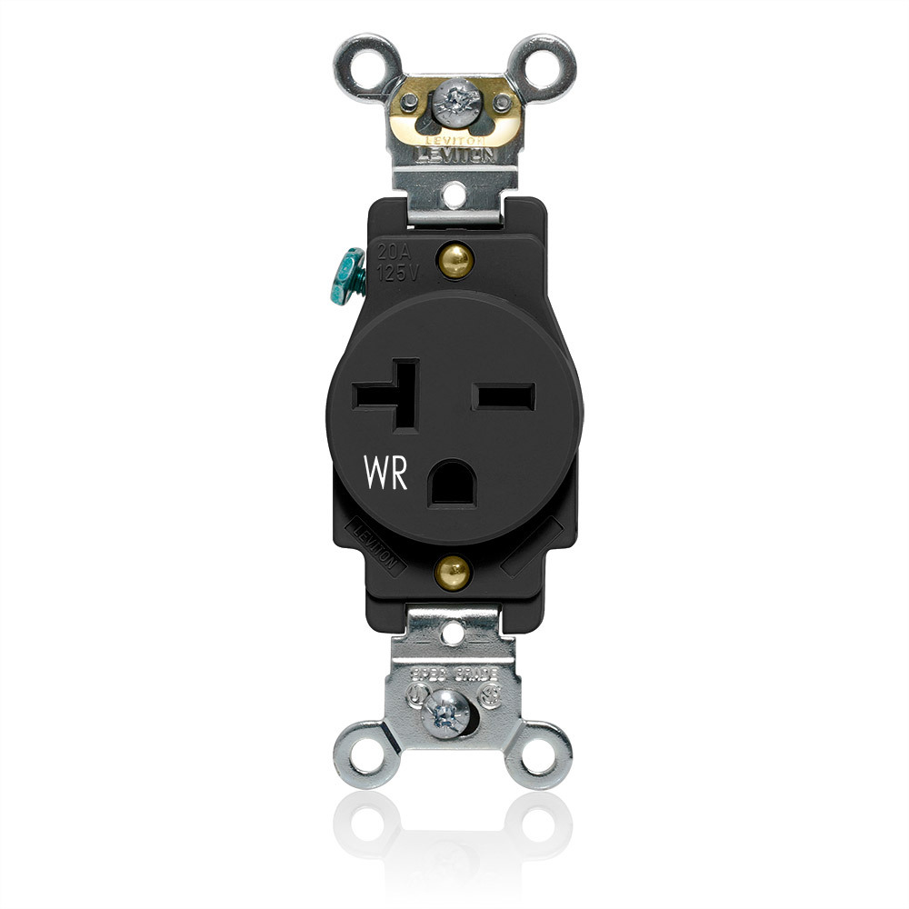 W5461-E Heavy Duty Single Self-Grounding Smooth Face Weather-Resistant Receptacle Outlet, 250 V AC, 20 A, 2 Poles, 3 Wires, Black