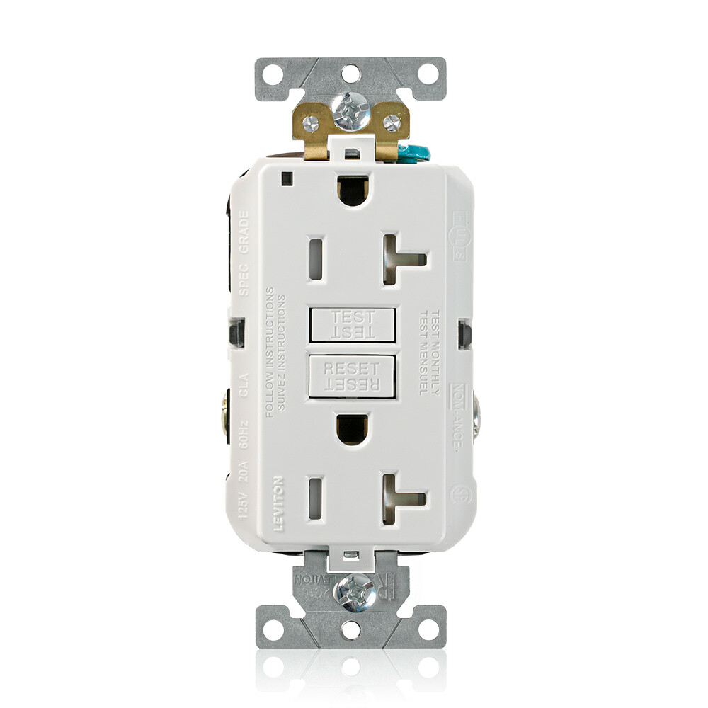 G5362-TW SmartlockPro Extra Heavy Duty Self-Grounding Self-Test Tamper-Resistant GFCI Duplex Receptacle Outlet, 125 V AC, 20 A, 2 Poles, 3 Wires, White