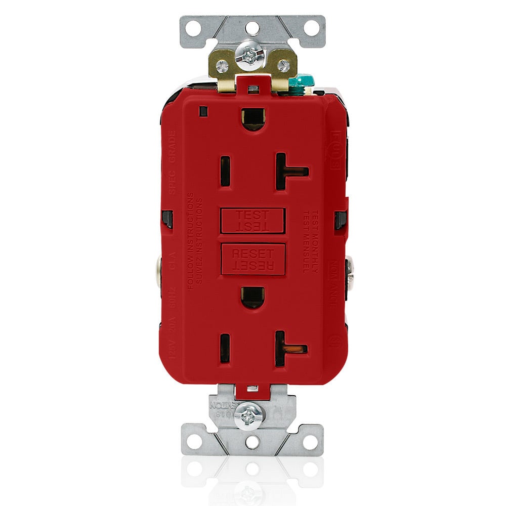 G5362-R SmartlockPro Duplex Extra Heavy Duty Self-Test Self-Grounding Non-Tamper-Resistant GFCI Receptacle, 125 V AC, 20 A, 2 Poles, 3 Wires, Red