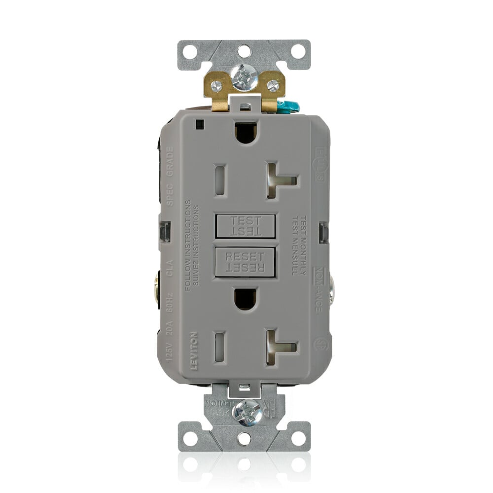 G5362-TGY SmartlockPro Duplex Extra Heavy Duty Self-Test Self-Grounding Tamper-Resistant GFCI Receptacle, 125 V AC, 20 A, 2 Poles, 3 Wires, Gray