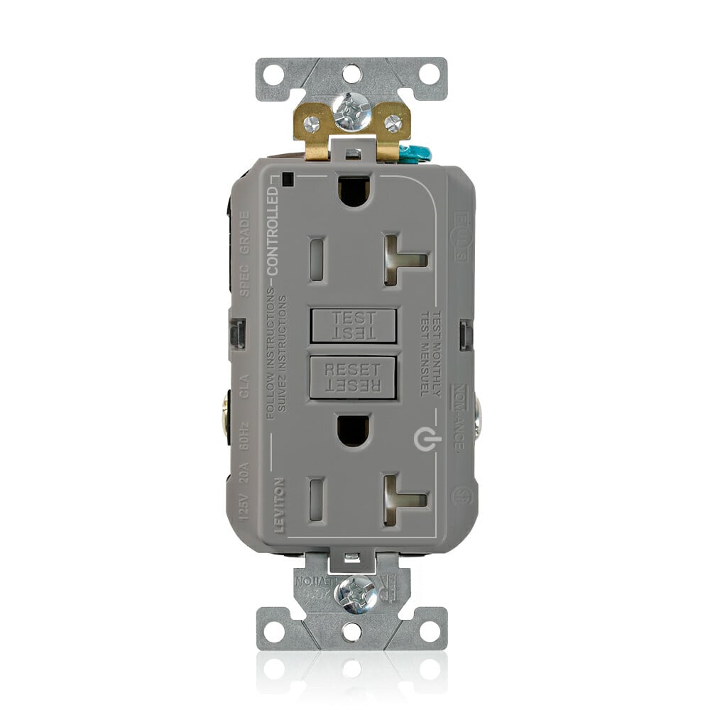 G5362-2TG SmartlockPro 2-Plug Controlled Dual Marked Duplex Extra Heavy Duty Self-Test Self-Grounding Tamper-Resistant GFCI Receptacle, 125 V AC, 20 A, 2 Poles, 3 Wires, Gray