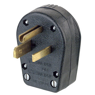 930-E Angle Grounding Straight Blade Plug, 125 V AC, 30/50 A, 2 Poles, 3 Wires, Black