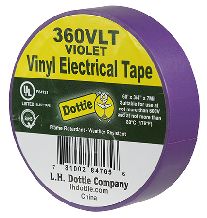360VLT Color Coding Tape, 60 ft L x 3/4 in W, 7 mil THK, PVC, Violet