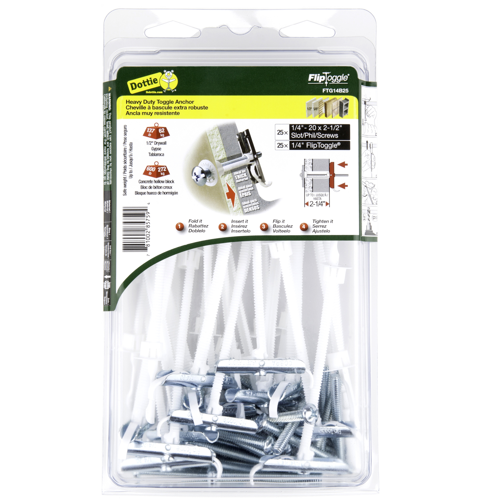 FTG14B25 Flip Toggle Kit, 1/4 in Dia Anchor, 1/4-20 x 2-1/2 in Screw, 1/2 in Dia Hole, 25 Pieces, Metal/Nylon