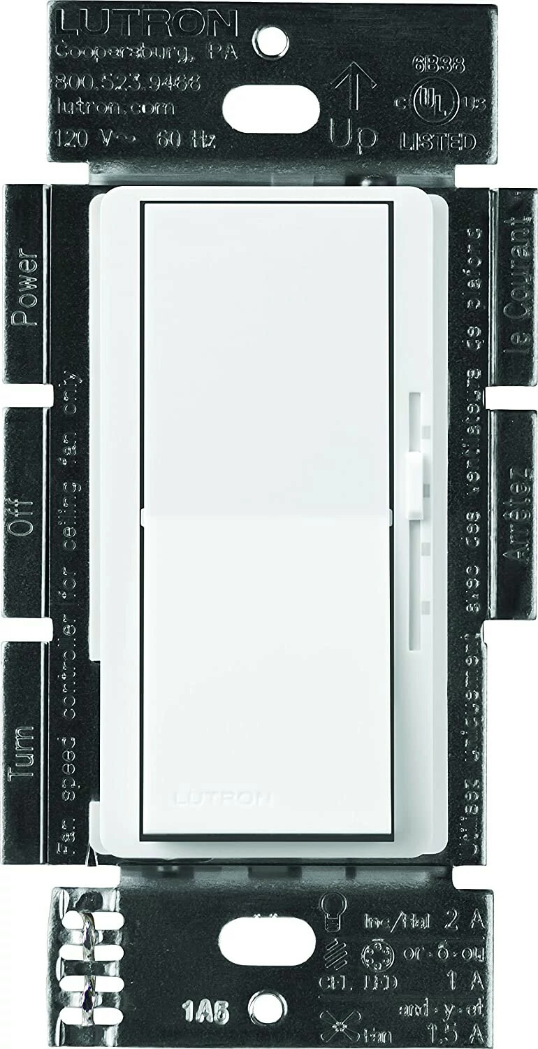 DVFSQ-LF-WH Diva 3-Speed Fan Control and On/Off Light Switch, 1.5 Amp Fan, 1 Amp LED, 1 Pole/3-Way, No Neutral Required, 120V, White