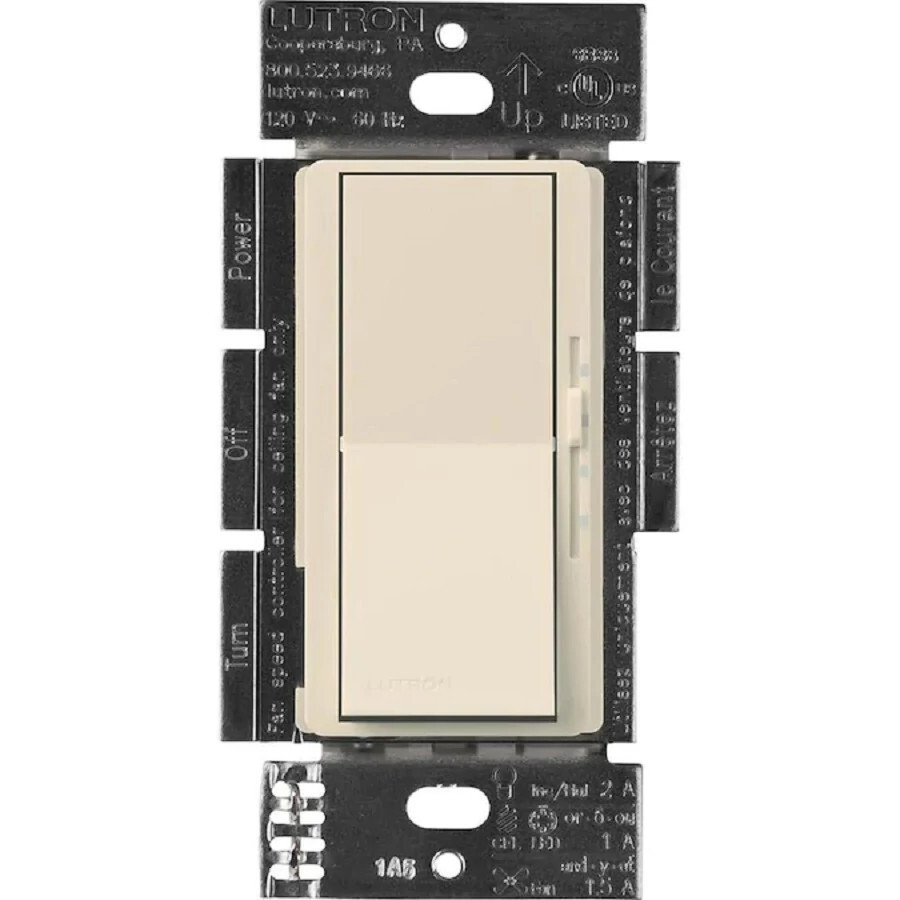 DVFSQ-LF-LA Diva 3-Speed Fan Control and On/Off Light Switch, 1.5 Amp Fan, 1 Amp LED, 1 Pole/3-Way, No Neutral Required, 120V, Light Almond