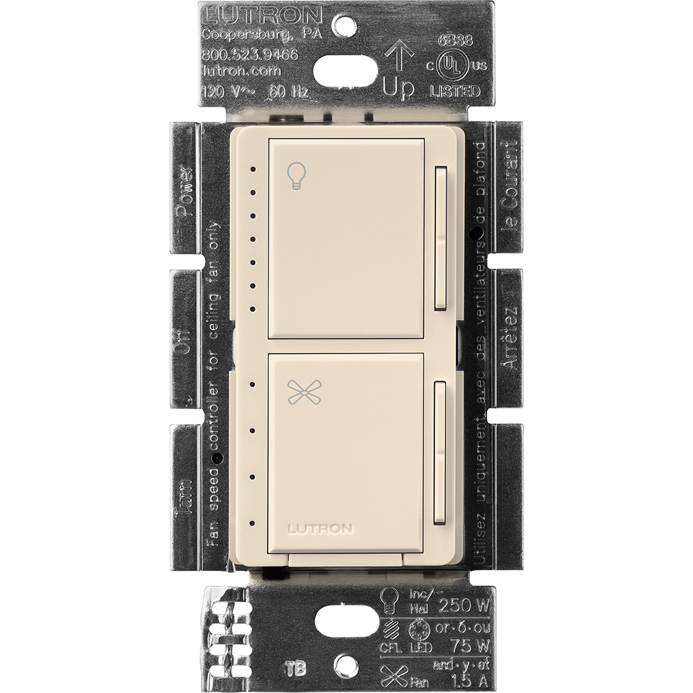 MACL-LFQ-LA Maestro Dual LED+ Dimmer and 4-Speed Fan Control, No Neutral Required, 1.5 Amp Fan, 75W LED Light, 120V, 1 Pole, Light Almond