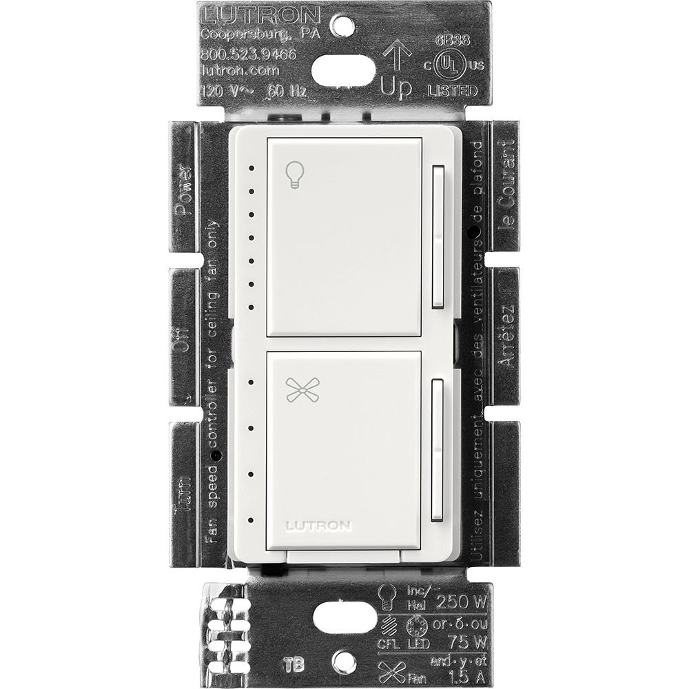 MACL-LFQ-SW Maestro Dual LED+ Dimmer and 4-Speed Fan Control, No Neutral Required, 1.5 Amp Fan, 75W LED Light, 120V, 1 Pole, Snow