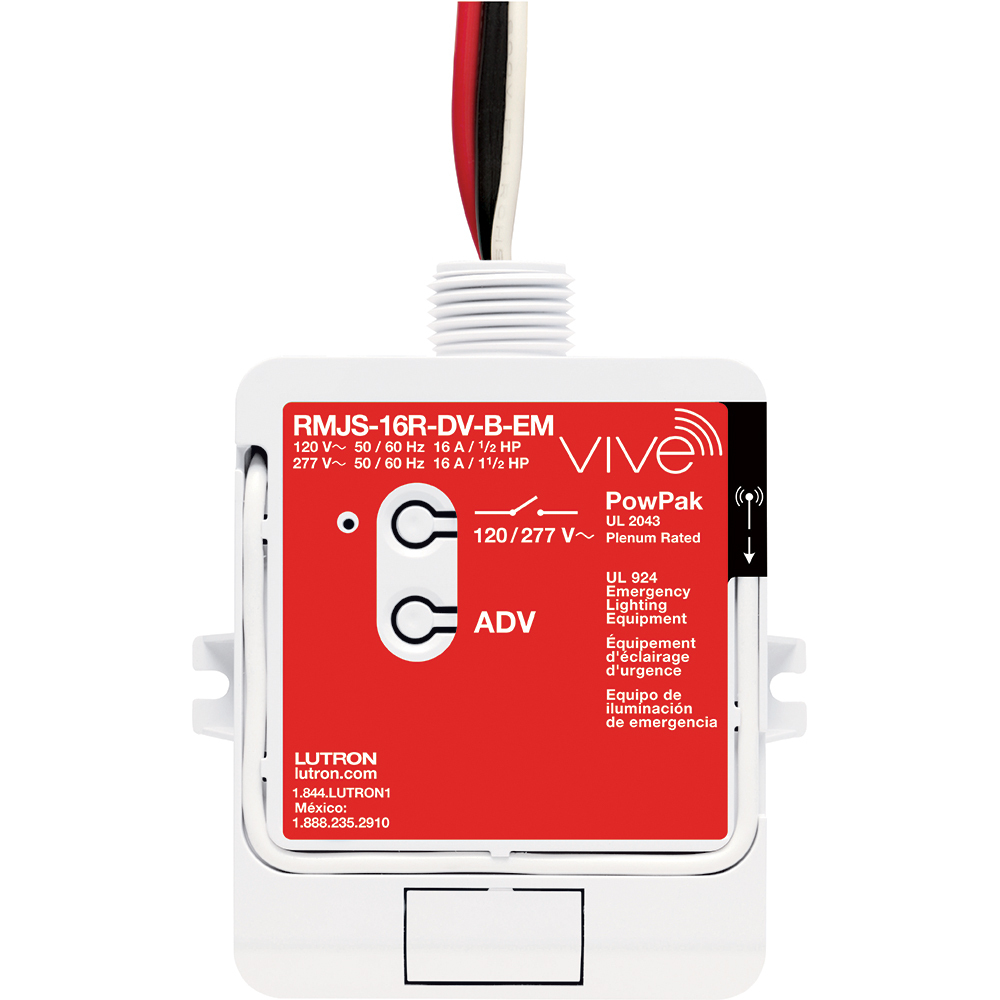 RMJS-16R-DV-B-EM Vive PowPak Relay Module with Softswitch, Emergency Lighting, 16 Amp General Purpose, 120/277V