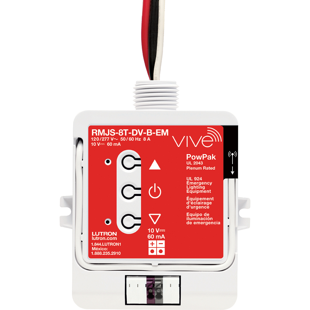 RMJS-8T-DV-B-EM Vive PowPak 0-10V Dimming Module, Emergency Lighting, 8 Amp Switching, 60 mA sink, Threaded Knockout and Front Terminals, 120/277V
