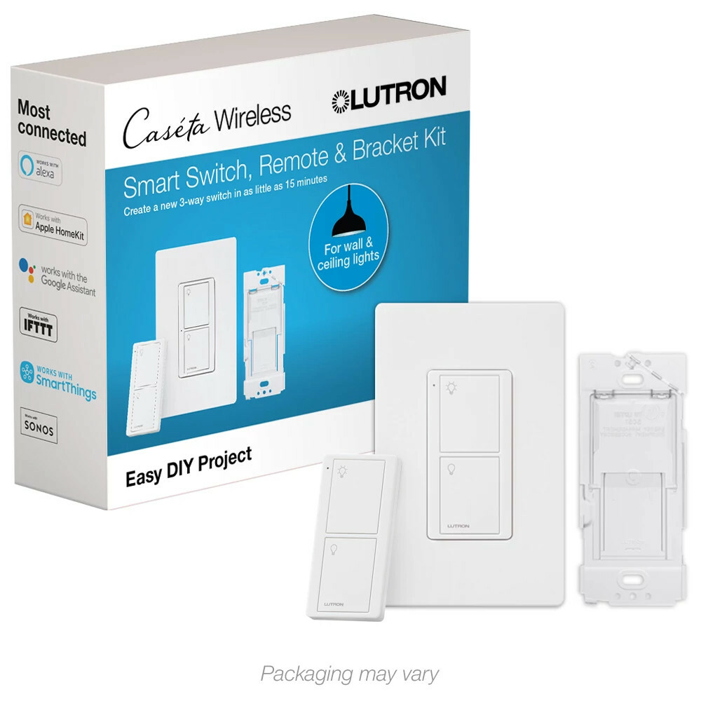 P-PKG1WS-WH Caseta Original Smart Switch 3-Way Kit, 5 Amp, Neutral On/Off Switch, 2 Button Pico Remote, Wall Mount Bracket and Wall Plate, White