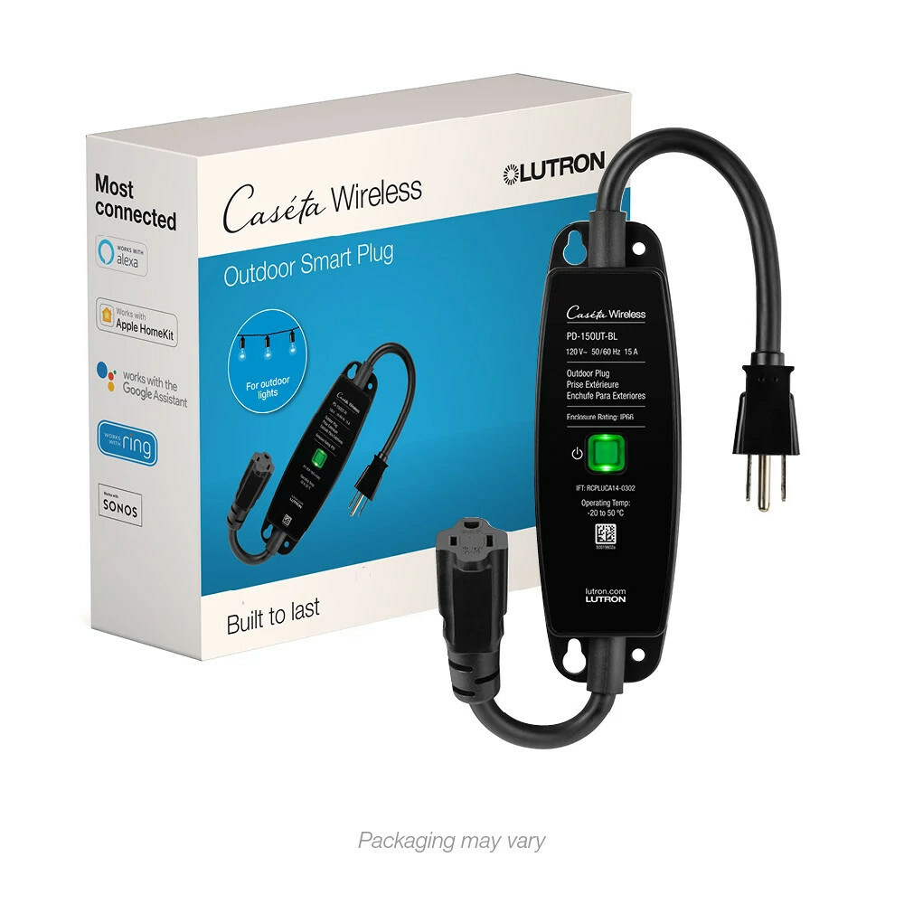 PD-15OUT-BL Caseta Weatherproof Outdoor Smart Plug for Landscape/String Lights, 15 Amp Light or 0.5 hp Motor, On/Off Switch, IP66 Rated, Black