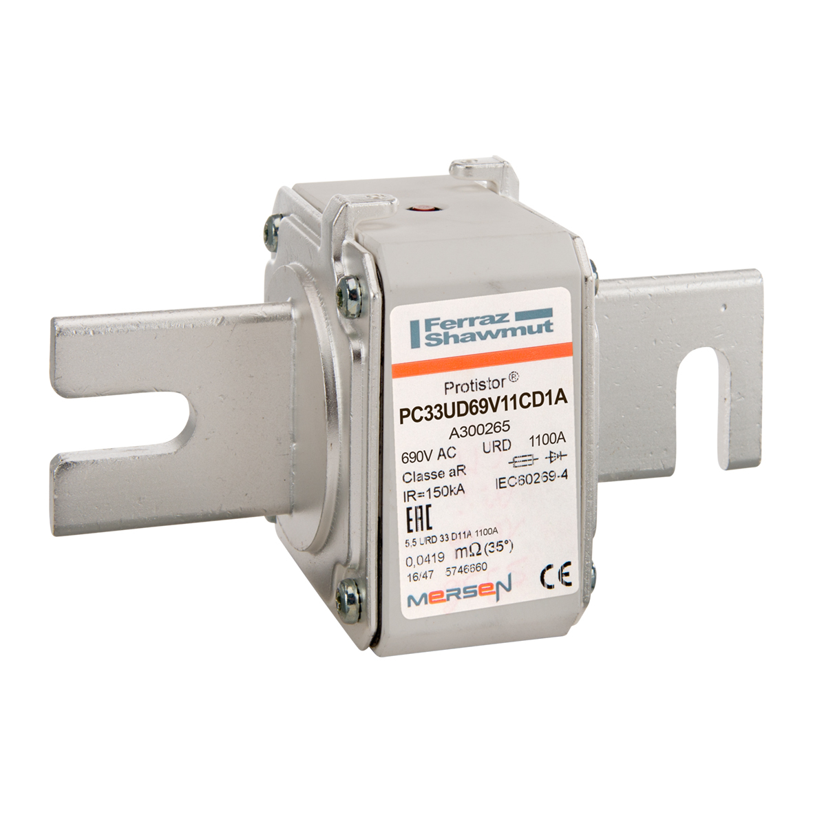 A300265 Protistor PSC Size 33 European Style High Speed Semiconductor Fuse, 1100 A, 690 V AC, 200 kA Interrupt, Class: URD/aR, Square Body