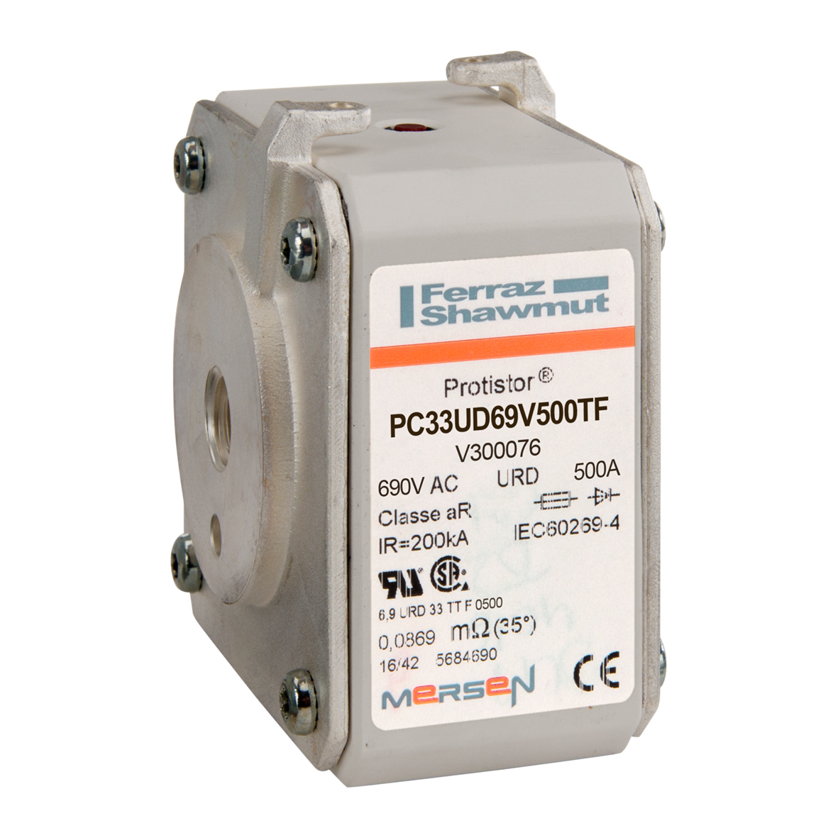 V300076 Protistor PSC Size 33 European Style High Speed Semiconductor Fuse, 500 A, 690 V AC, 200 kA Interrupt, Class: URD/aR, Square Body